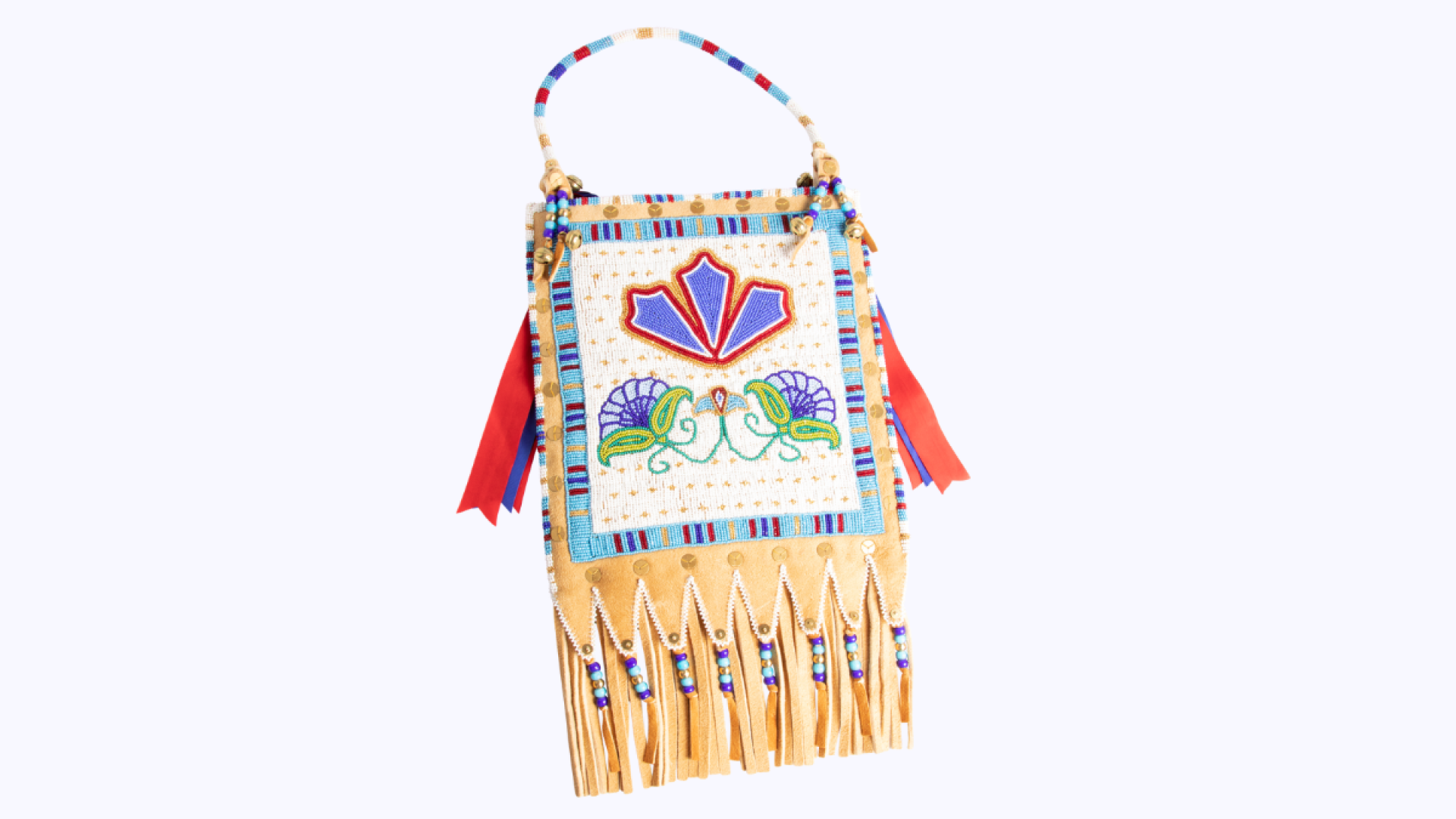 Photograph of an intricately beaded purse with floral designs and leather tassels.
