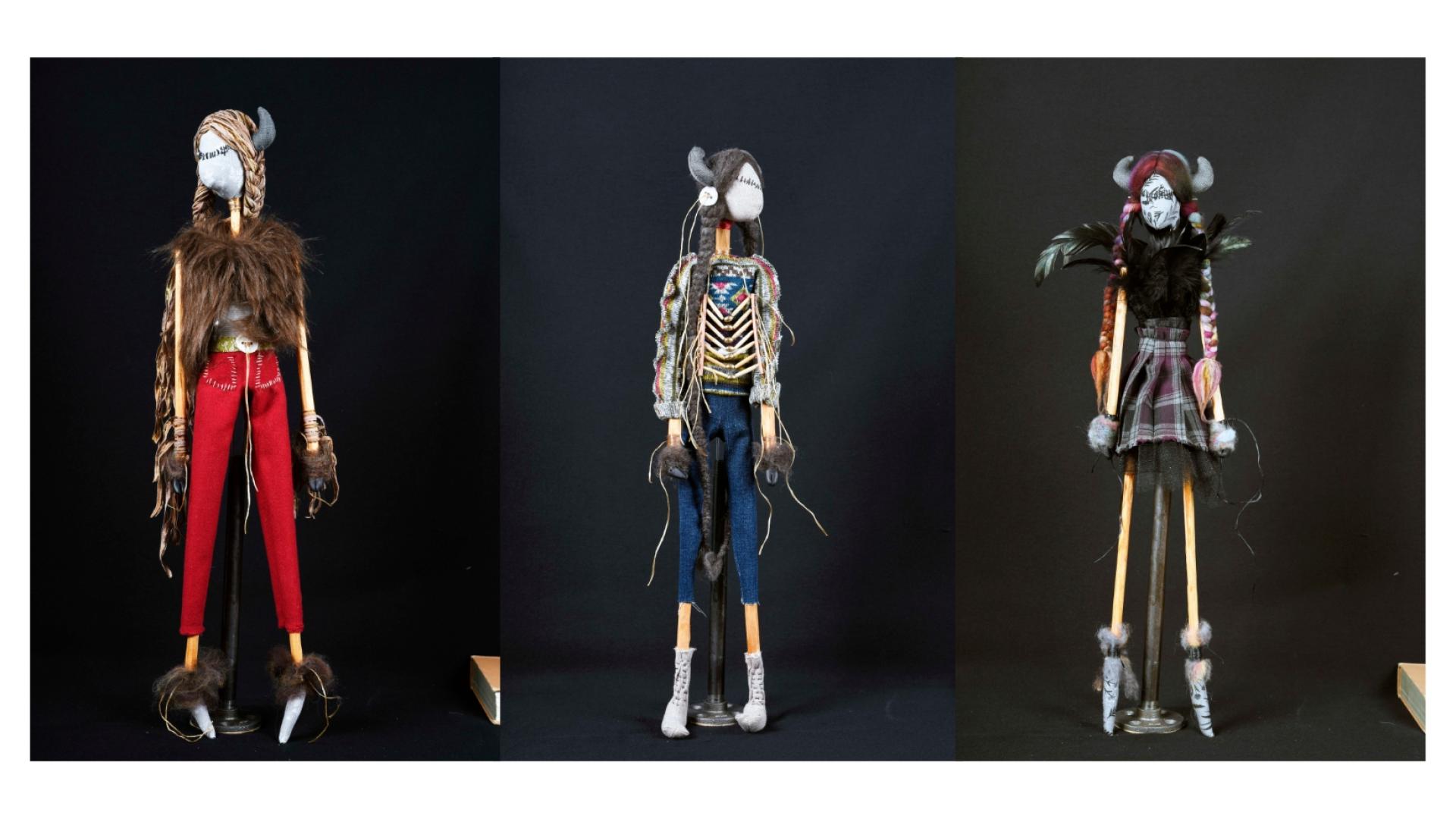 Three side-by-side photographs of three fiber dolls made by artist Gene Swallow.
