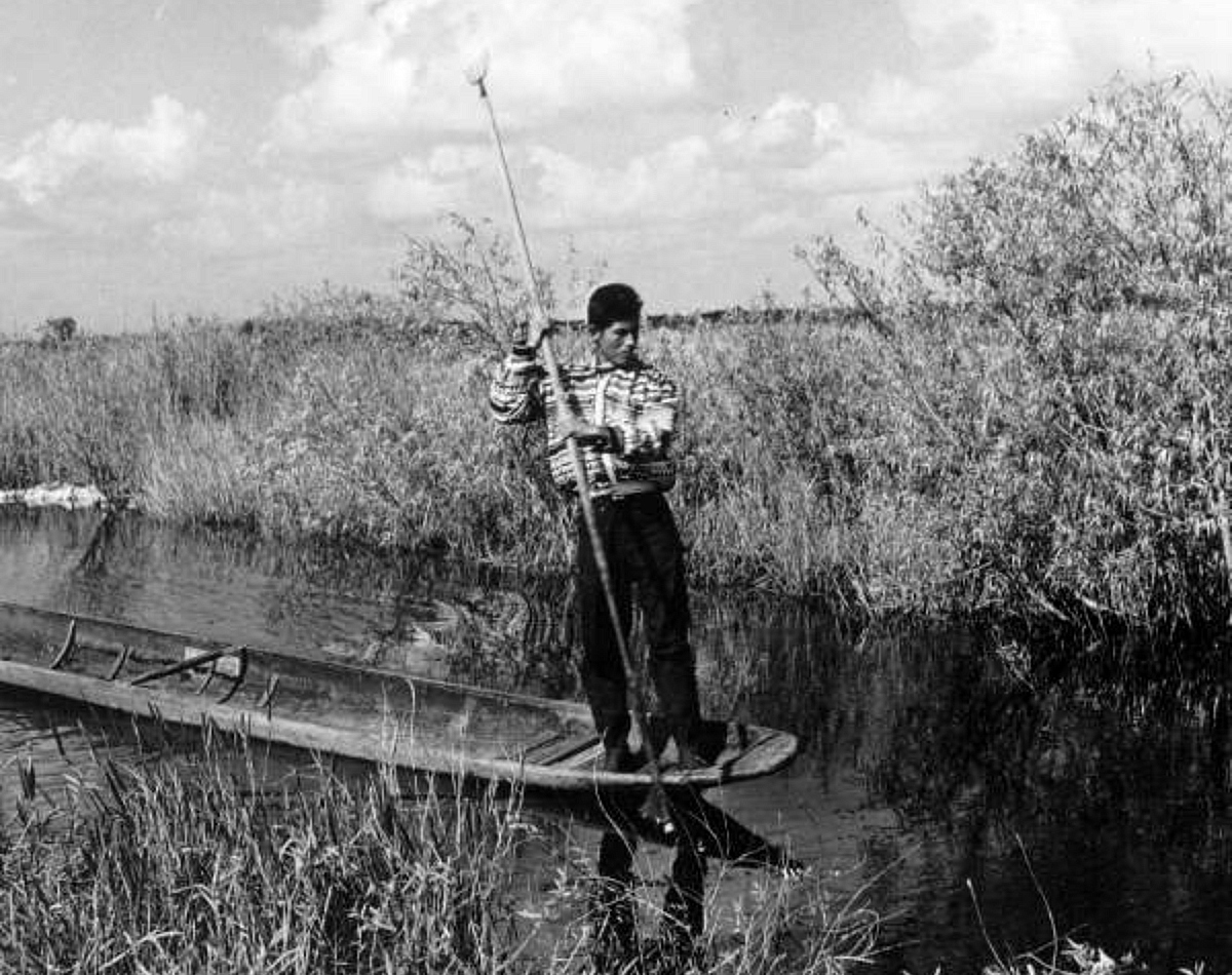 Black and white photo of a young man standing up in a boat and paddling through a swamp.