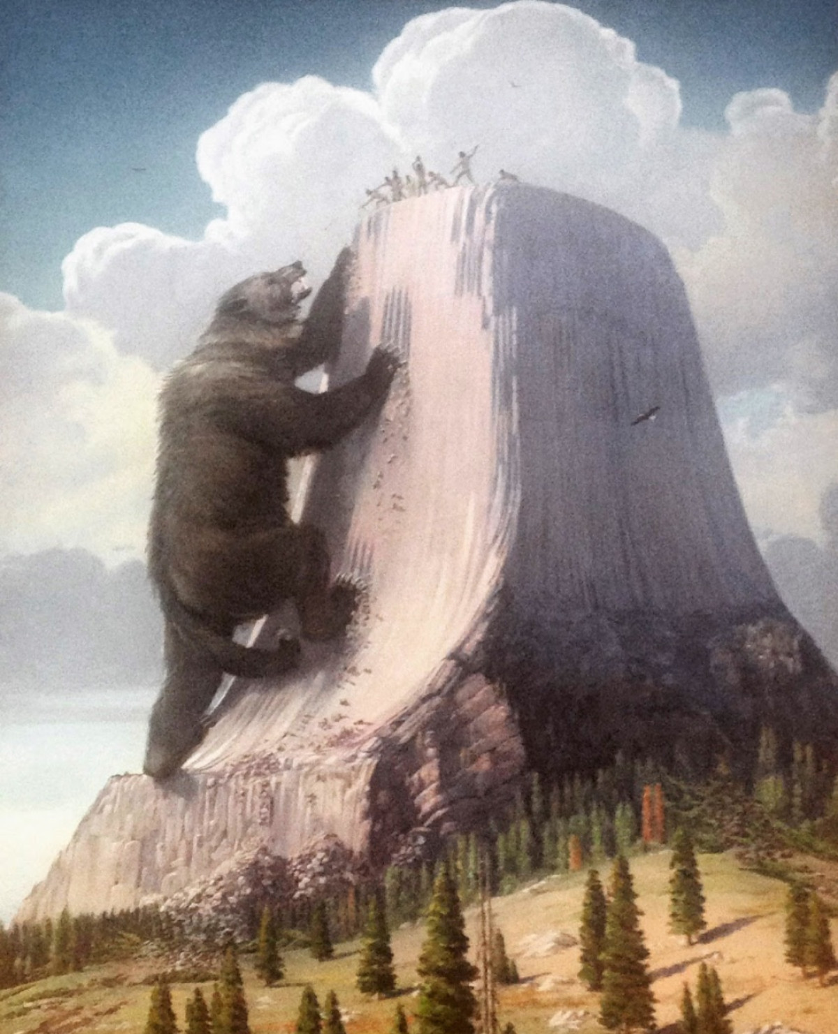 A painting of a gigantic bear climbing the side of a tall rocky tower.