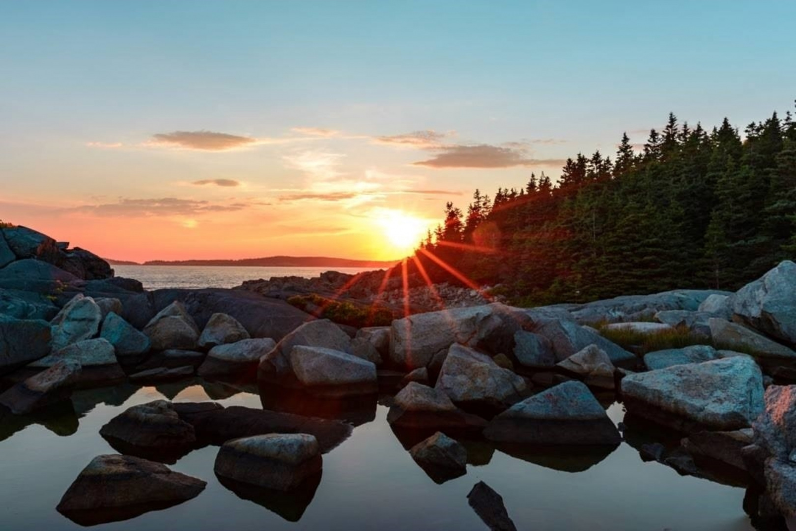 Sunset over the rocky shores of Acadia National Park.