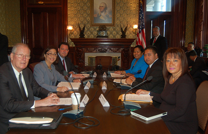 (l. to r.) U.S. Department of Defense Principal Deputy Assistant Secretary Peter Potochney, U.S. Special Representative Kia'aina, U.S.  Department of Homeland Security Assistant Secretary Seth Stodder, CNMI Secretary of Public Lands Marianne Teregeyo, CNMI Special Representative Torres, CNMI Secretary of Labor Edith Deleon Guerrero.  White House Eisenhower Executive Office Building, Washington, D.C., at the first 902 Consultations meeting, June 6, 2016. Photos: DOI-TJoshua