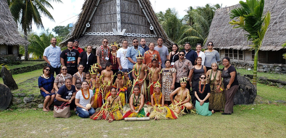 2018-2019 Cohort of the ELDP with instructors and traditional Yapese dancers in traditional village.